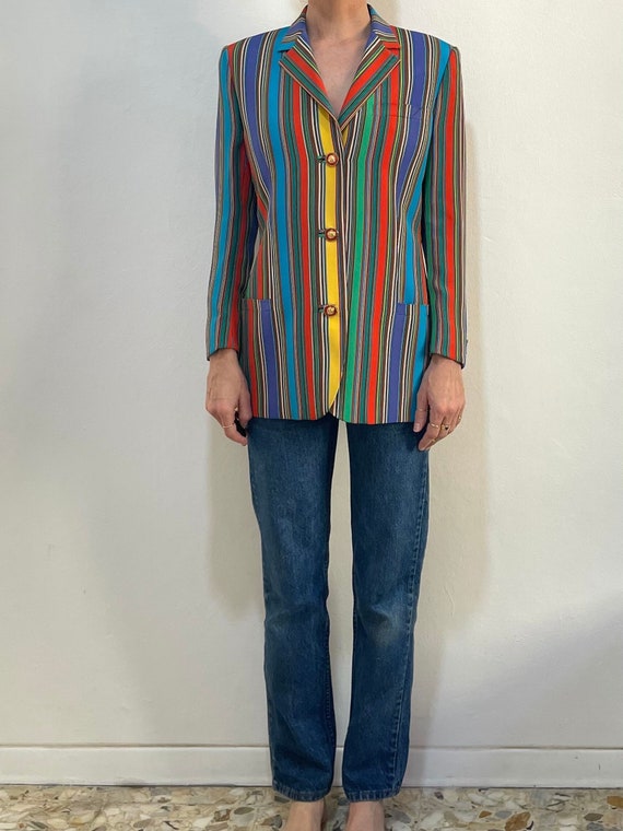 1993 Gianni Versace Couture Silk Striped Multi Color Jacket Blazer