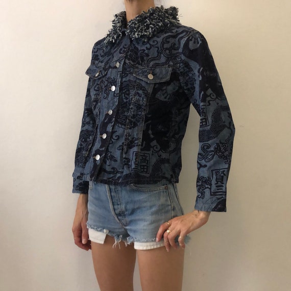 80s Kenzo Jeans Japanese Asian Print Denim Jacket… - image 2