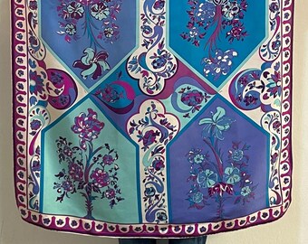 最終価格EMILIO PUCCI 花柄　ストール　人気柄 60s Pucci Silk Twill Maxi Scarf Blue Arabesque Floral Pattern