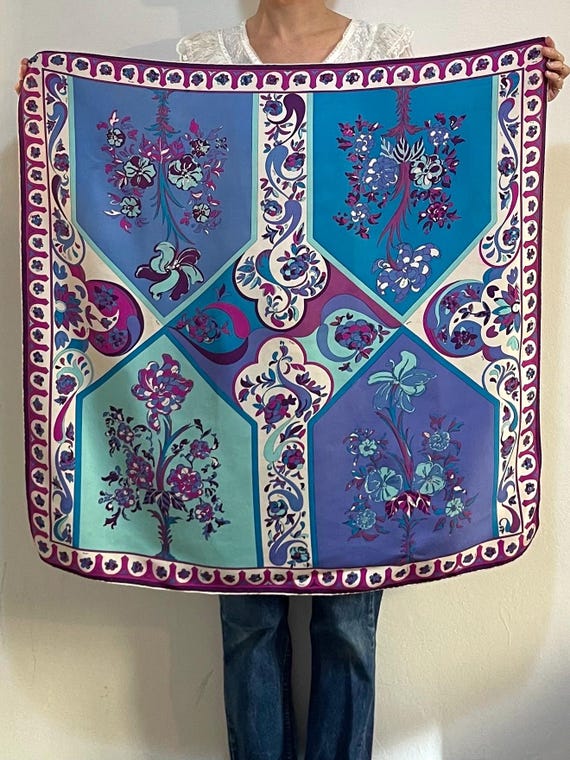 60s Pucci Silk Twill Maxi Scarf Blue Arabesque Floral Pattern