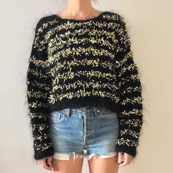 90s Hand Knit Gold Silver Foil Black Chunky Cropp… - image 4