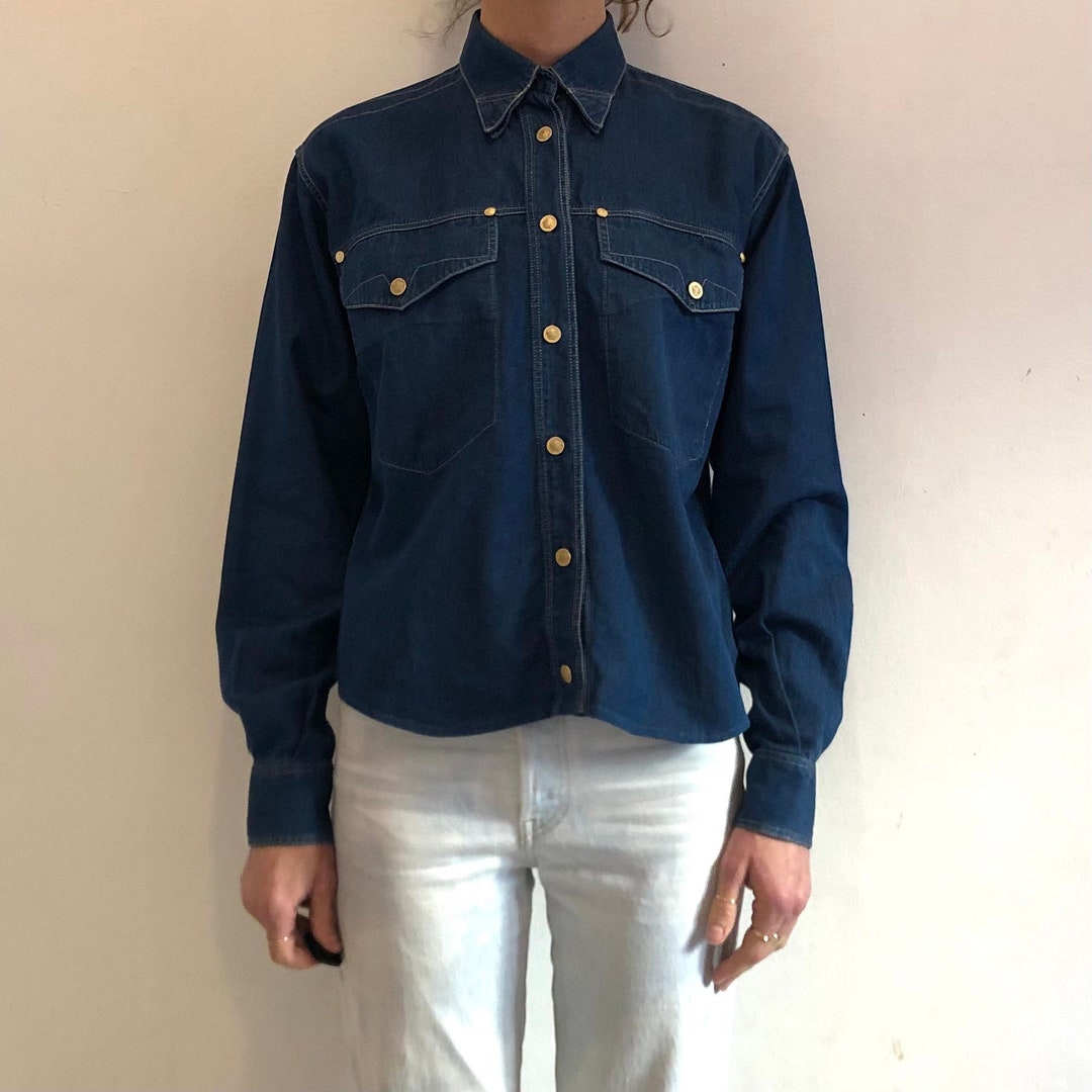 Versace Jeans Couture デニムシャツ インディゴ 金ボタン 90s Versace Jeans Couture Denim Gold Top Stitching Medusa Head