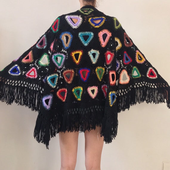 70s Granny Square Crochet Knit Color Block Boho Hi
