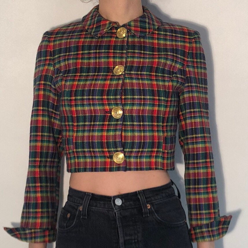 90s Versace Jeans Couture Tartan Cropped Jacket With Maxi