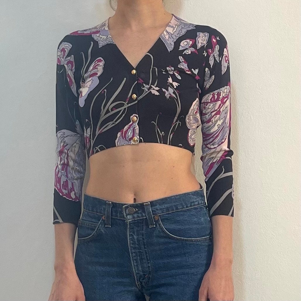 Y2K Emilio Pucci Silk Knit Cropped Butterfly Print Cardigan Extra