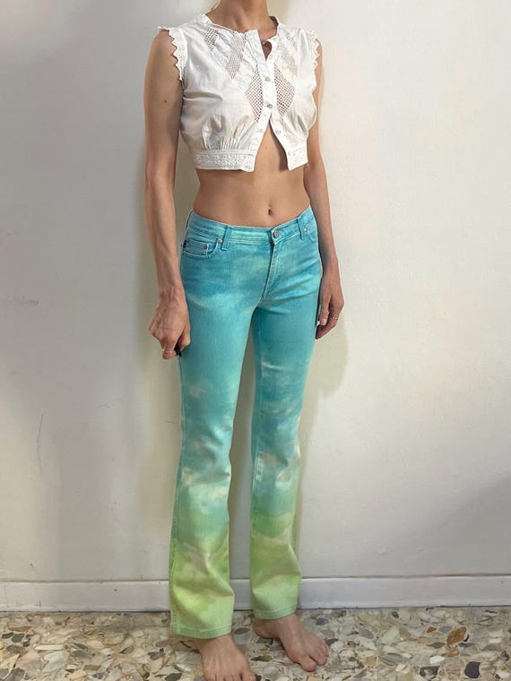 90s Cavalli Turquoise Green Yellow Ombre Tie Dye Stretch Flare Leg