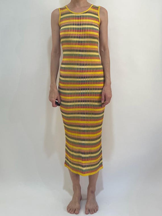 Christian Lacroix, 80s Christian Lacroix Ribbed Knit Striped Body Con Maxi Dress