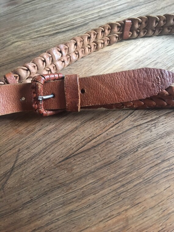 Vintage 1970s Womens Wide Braided Leather Belt Dark Brown Double D-Ring Boho 32\