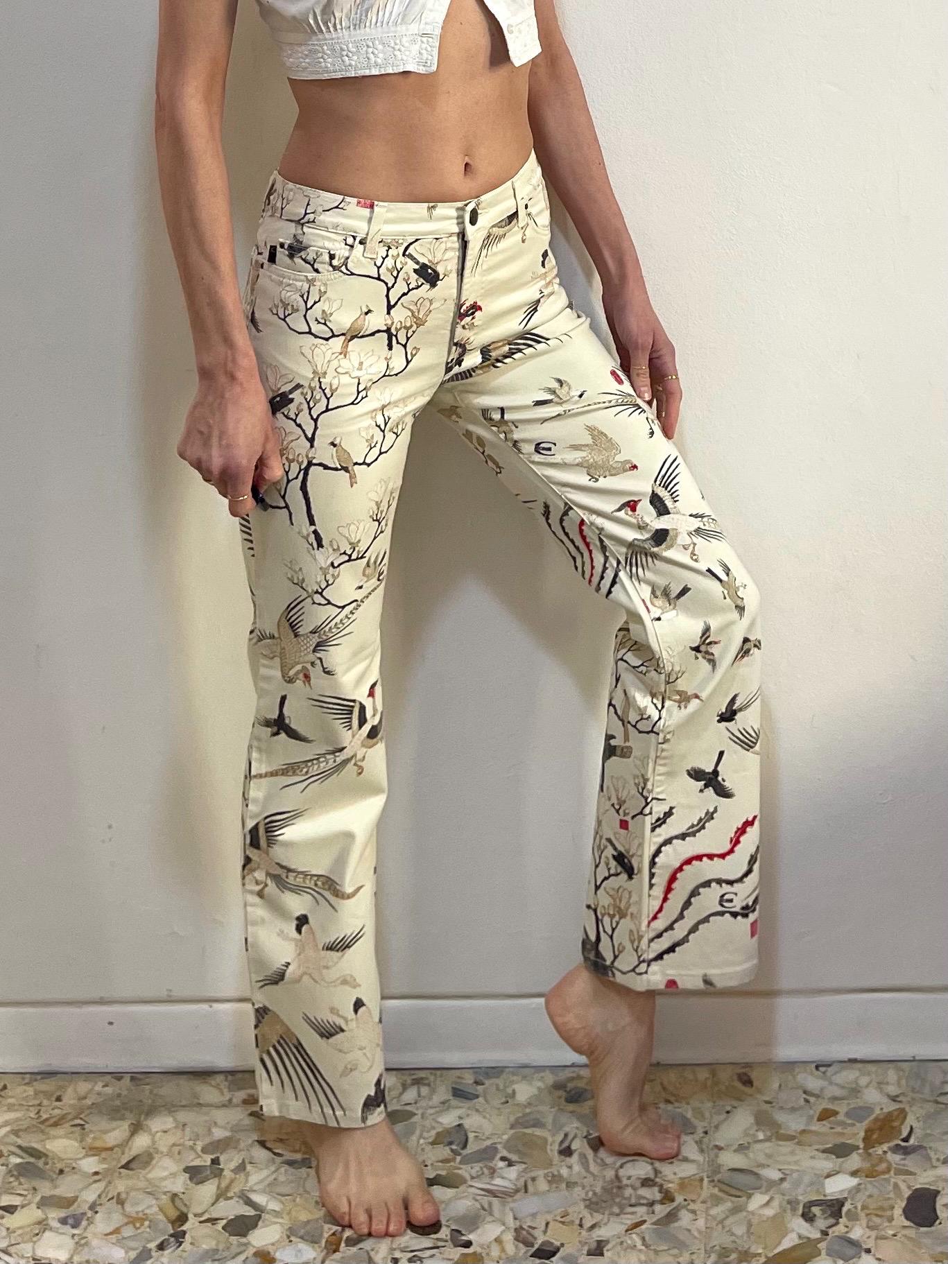 Y2K Cavalli Asian Cranes Birds Print Gold Sparkle Euro Trash