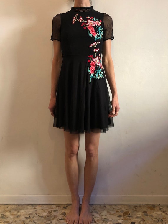 90s Vivienne Tam Embroidered Asian Floral Net Lace Club Kid Dress