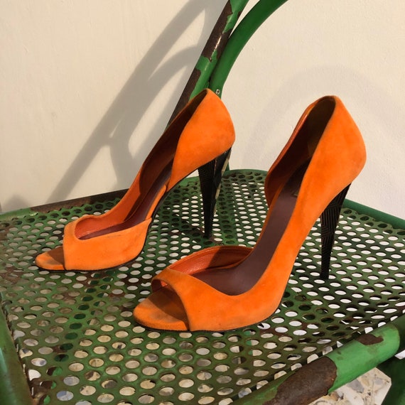 Y2K Miu Miu Orange Suede Peep Toe Heels With Jewe… - image 7