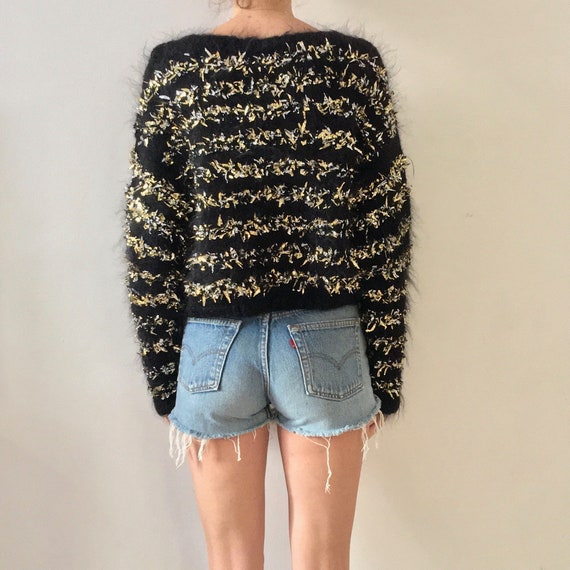 90s Hand Knit Gold Silver Foil Black Chunky Cropp… - image 3