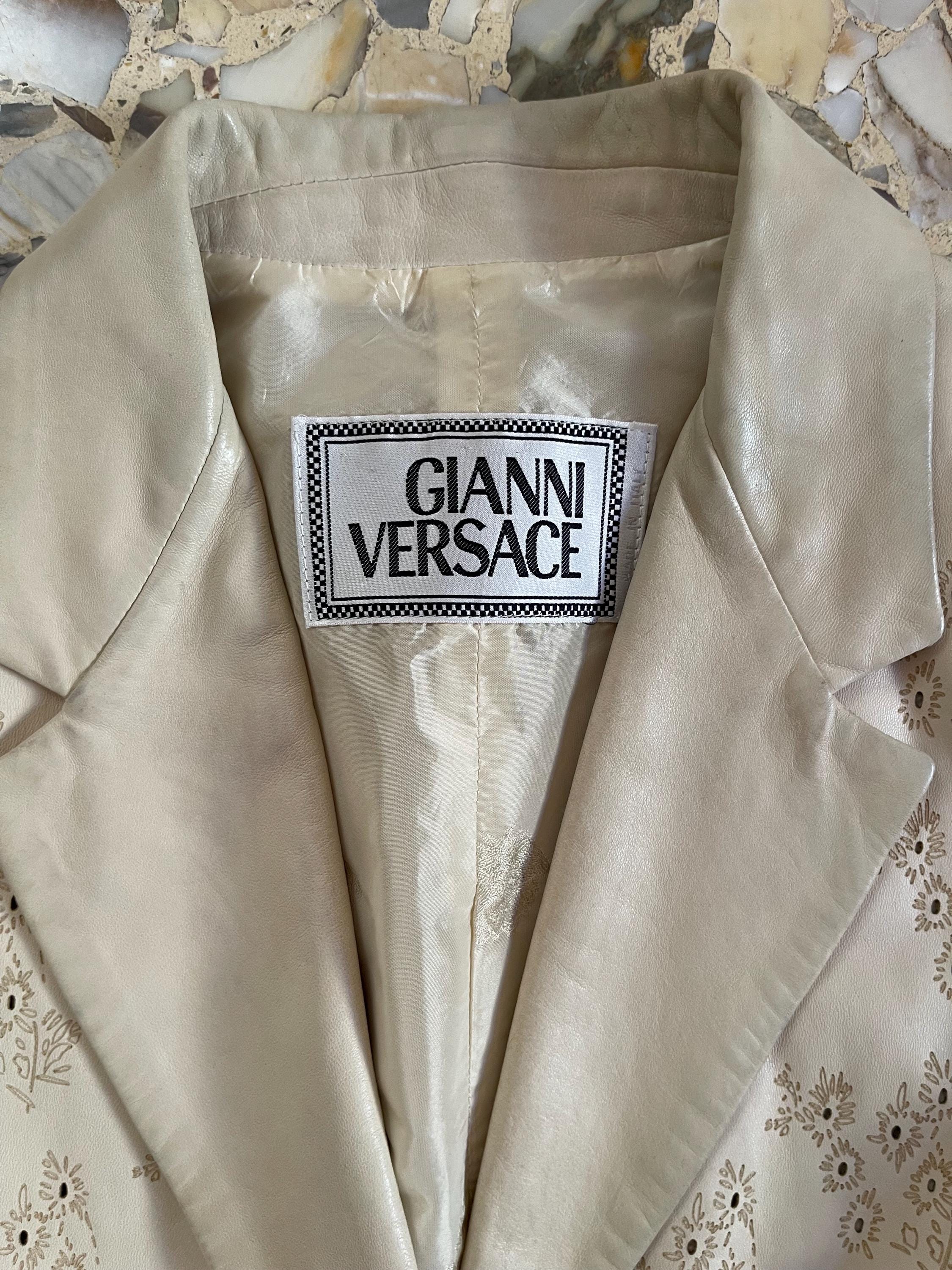90s Gianni Versace Beige Leather Blazer With Laser Cut Floral