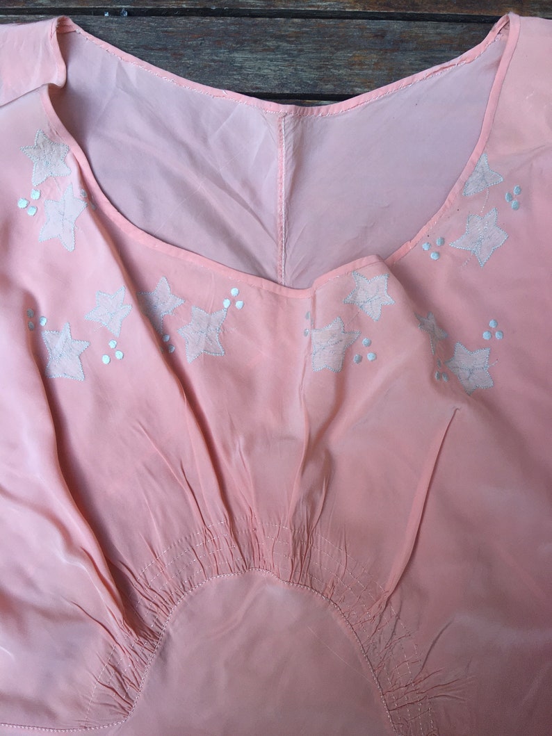 30/'s bias cut pink rayon leaf applique romantic hand made slip dress