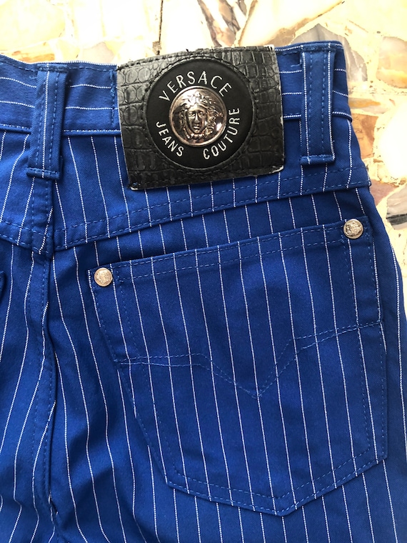 Buy 90s Versace Jeans Couture High Waisted Electric Blue Pinstripe 
