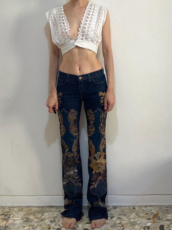 Y2K Roberto Cavalli Applique Embroidered Baroque Flared Leg