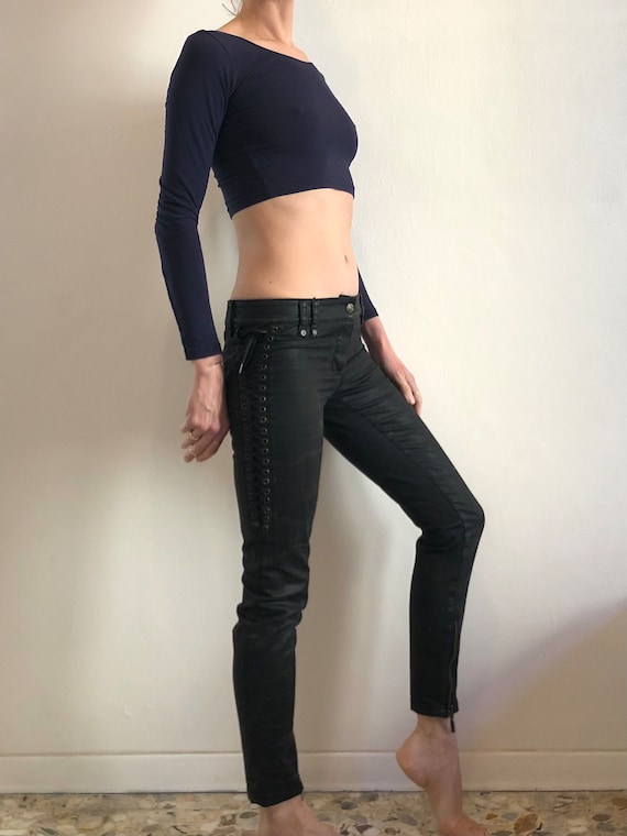 Y2K Plein Sud Lace up the Sides Low Waist Stretch Waxed Black Denim Euro Trash Skinny Club Kid Jeans Etsy UK