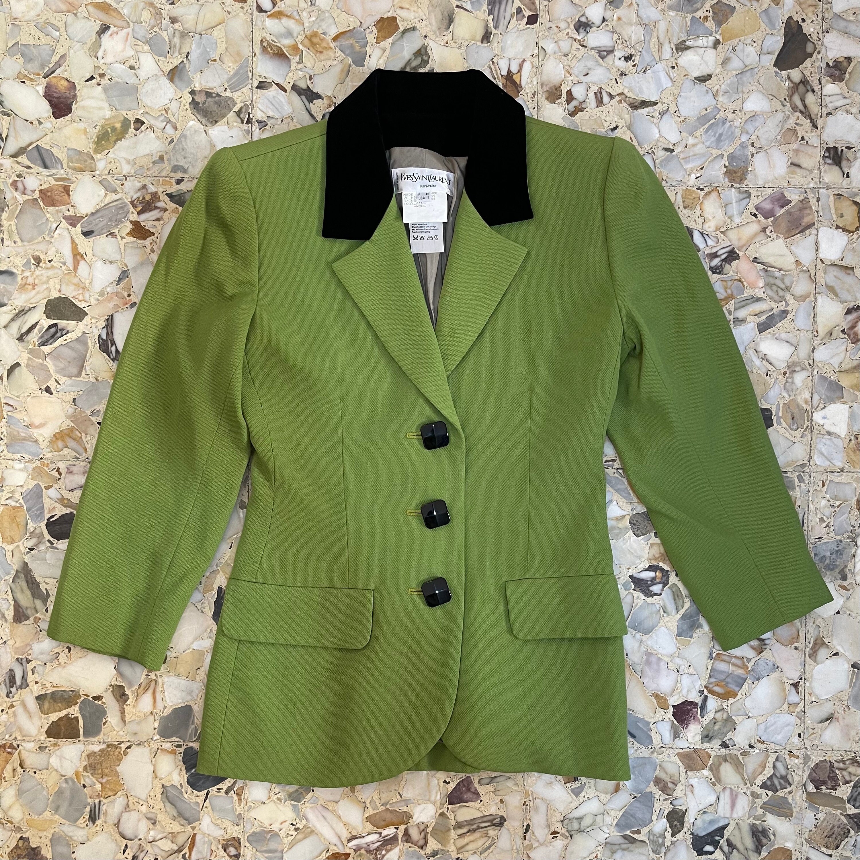 80s Yves Saint Laurent Pea Green Wool Jacket With Black