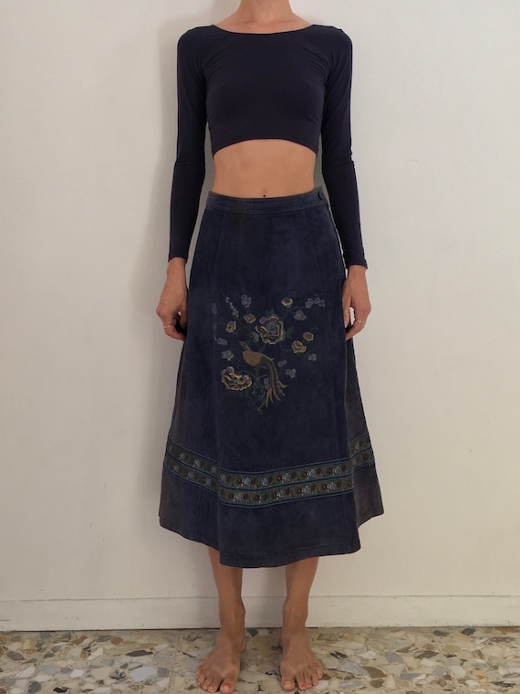 70's Suede Hand Painted Peacock Blue Leather A-Lin