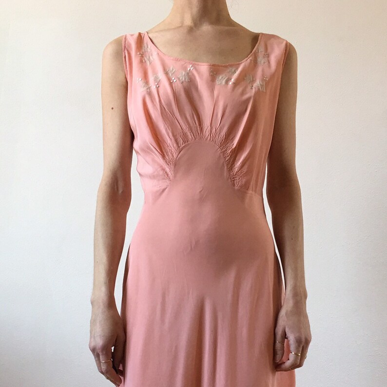 30/'s bias cut pink rayon leaf applique romantic hand made slip dress
