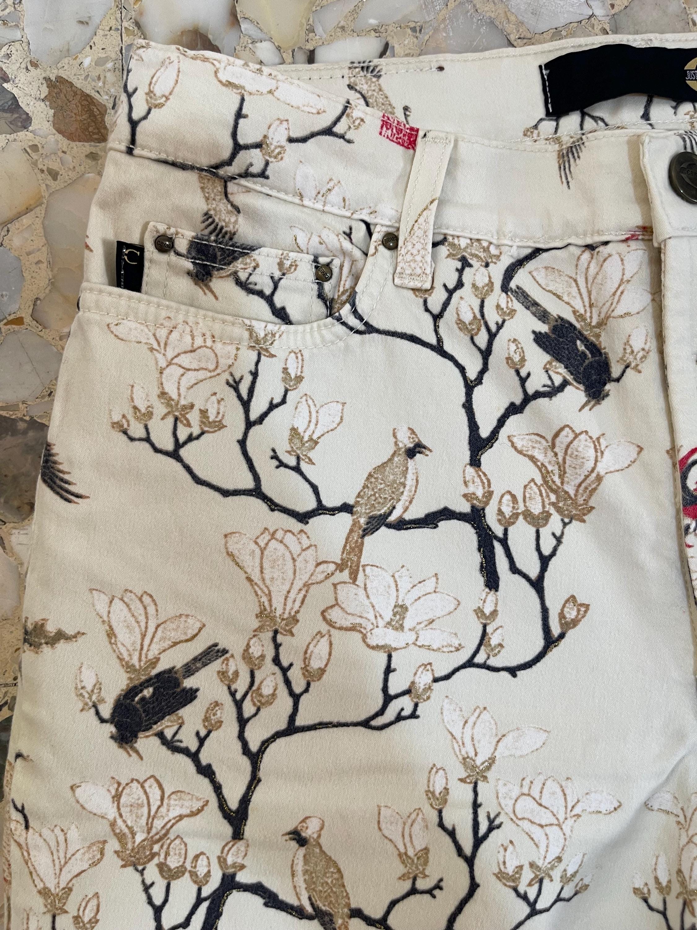 Just Cavalli ジャストカヴァリ 鶴 花 柄パンツ Y2K Y2K Cavalli Asian Cranes Birds Print Gold Sparkle Euro Trash