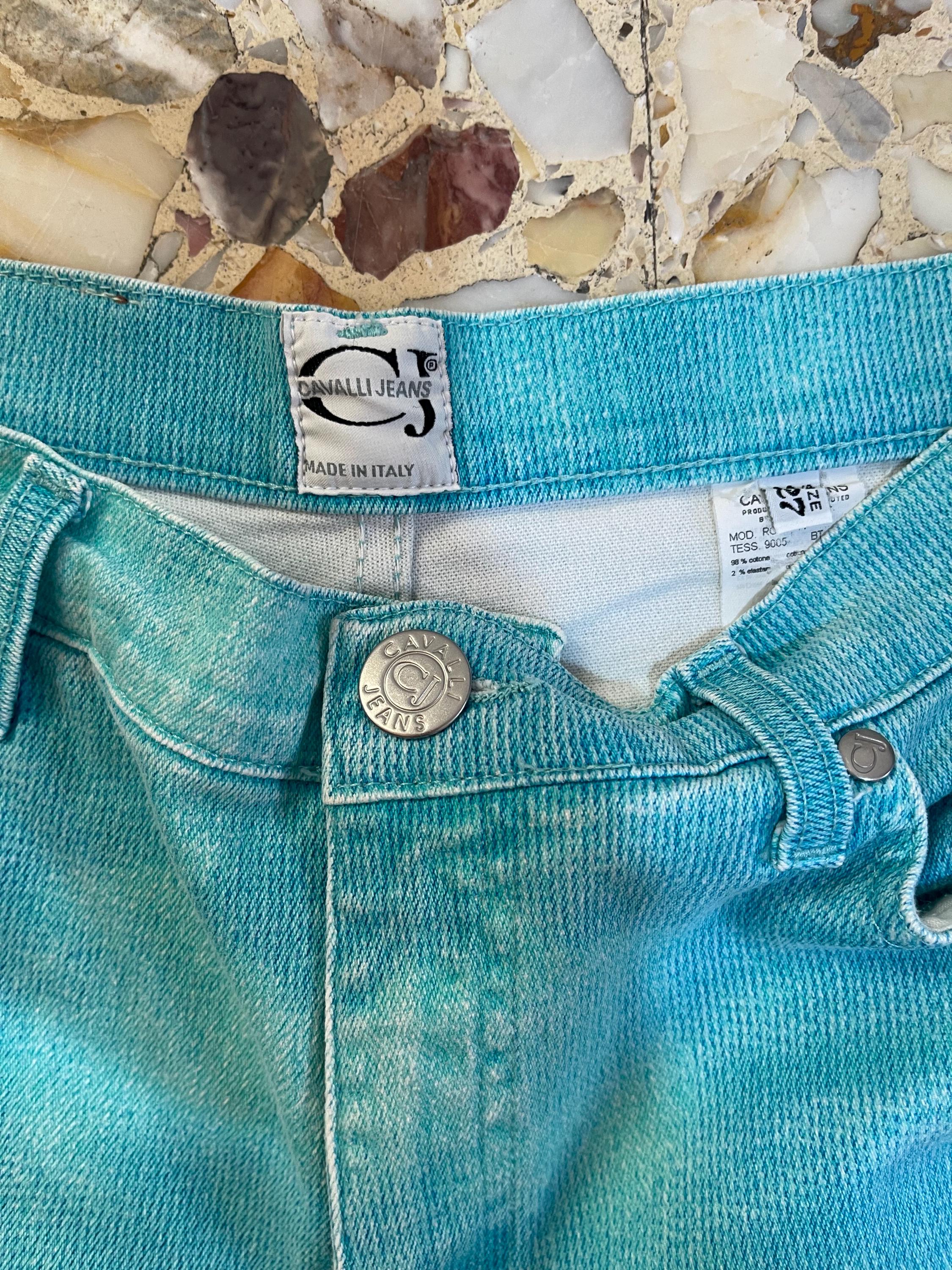 90s Cavalli Turquoise Green Yellow Ombre Tie Dye Stretch Flare Leg