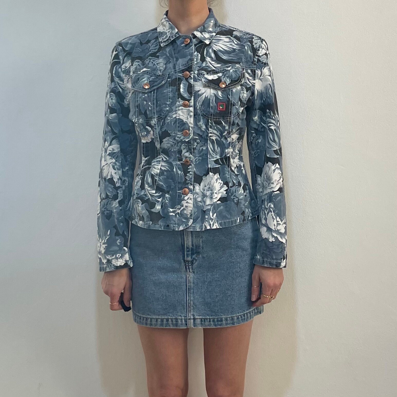 90s Kenzo Jeans Blue Floral Print Art School Denim Jacket Copper