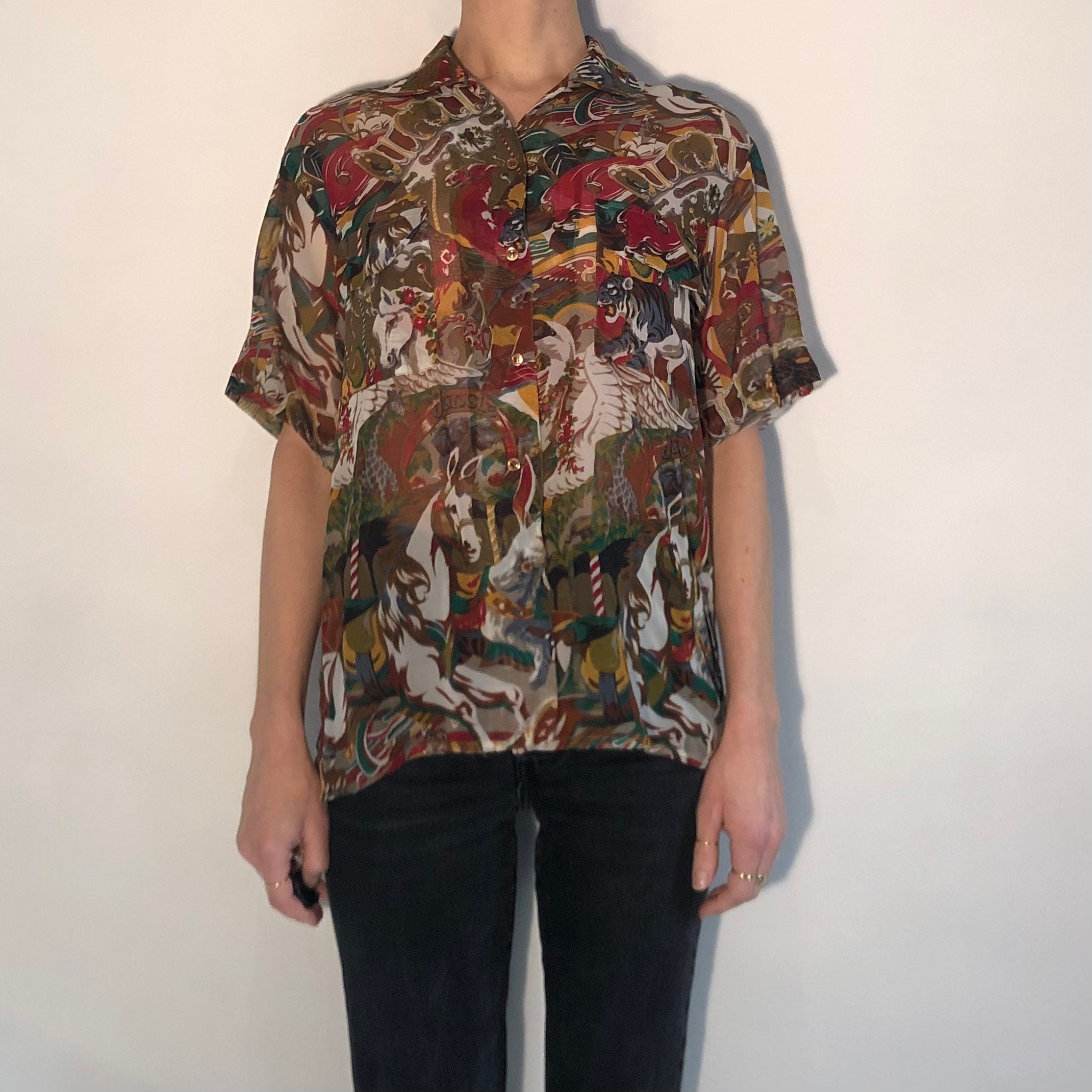 90s Kenzo Carousel Print Sheer Oversize Button up Shirt Blouse - Etsy