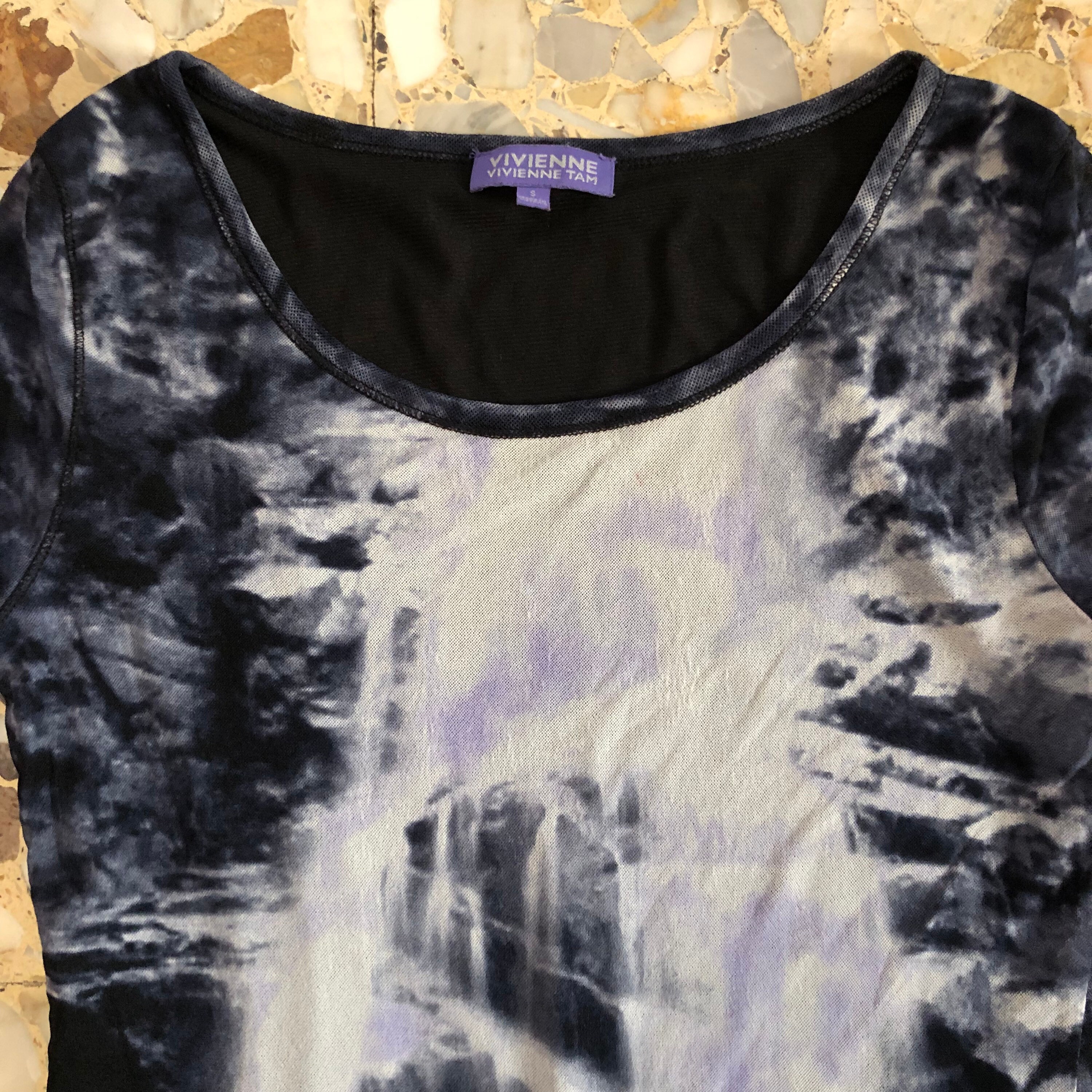 90s Vivienne Tam Abstract White and Blue Sheer Stretch Mesh T