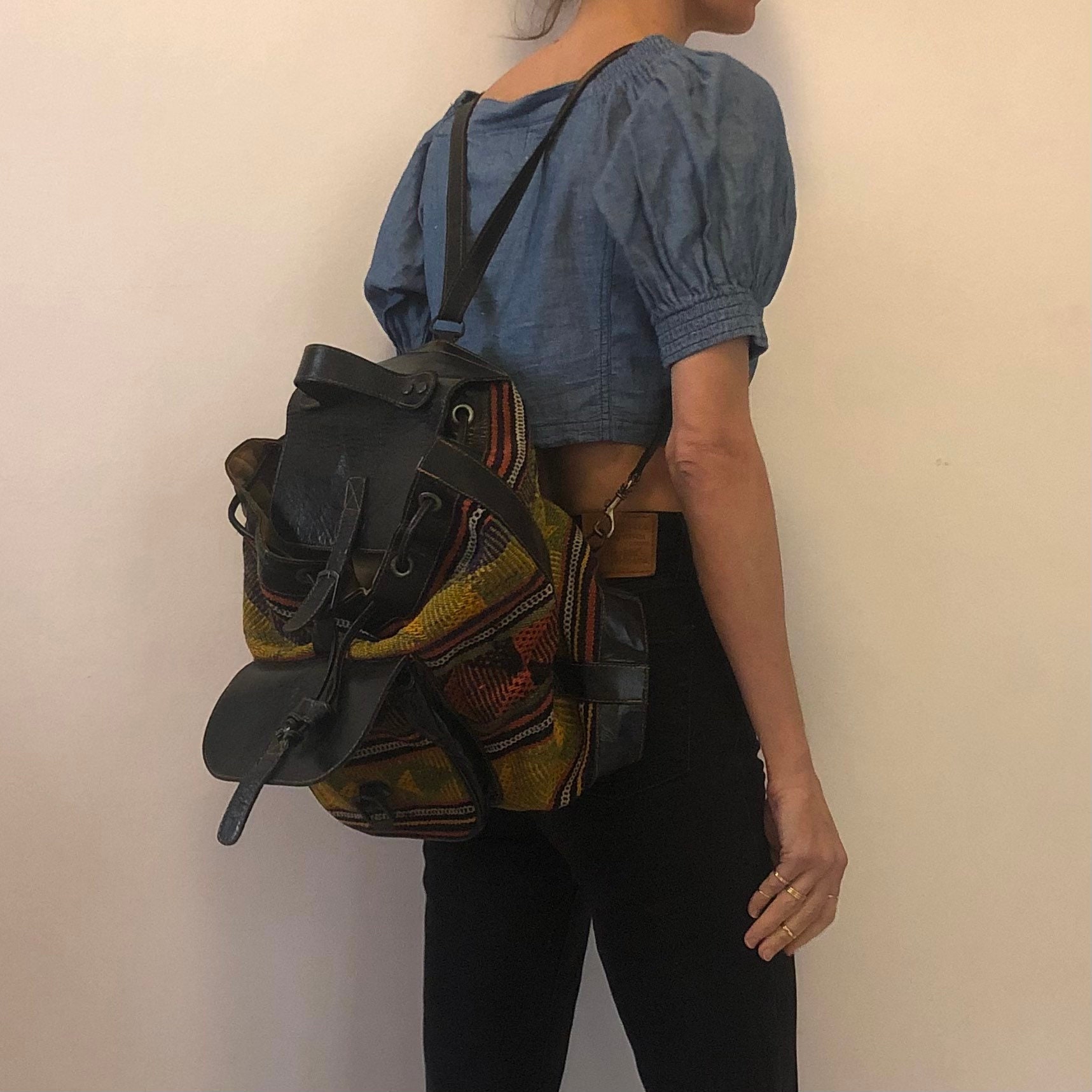 70s Tapestry Backpack Boho Vinyl Leather Festival Purse Bag  display picture 1