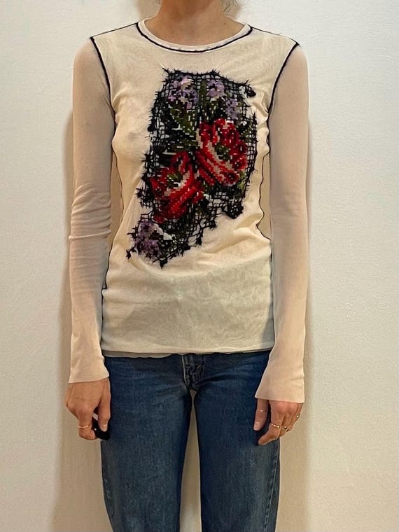 90s Jean Paul Gaultier Embroidered Cross Stitch Floral Tapestry