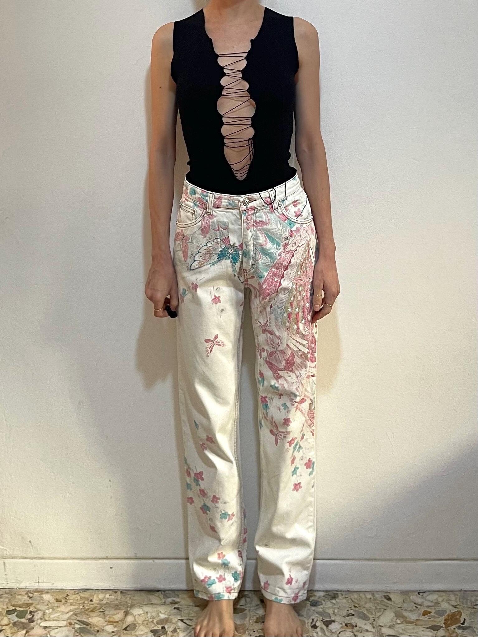 90s Cavalli Butterfly Peacock Floral Painted Dreamy Mom Jeans - Etsy