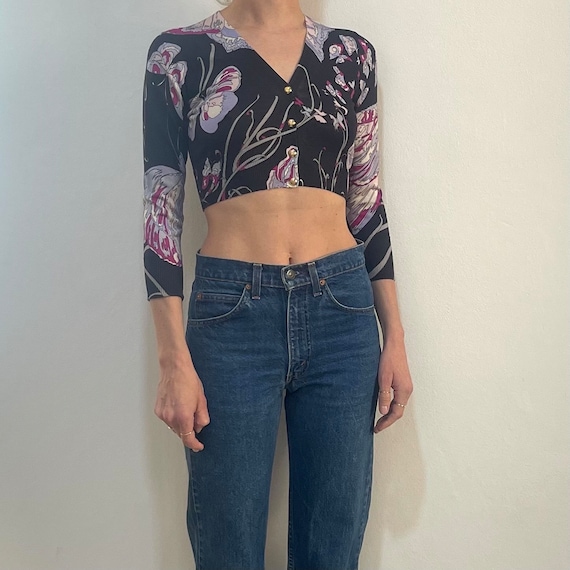 Y2K Emilio Pucci Silk Knit Cropped Butterfly Print Cardigan Extra