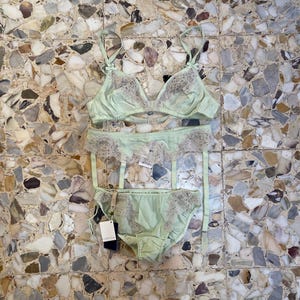 90s La Perla Pale Green Silk Bra, Panties And Garter Belt New Vintage With Original Tags Lingerie Set