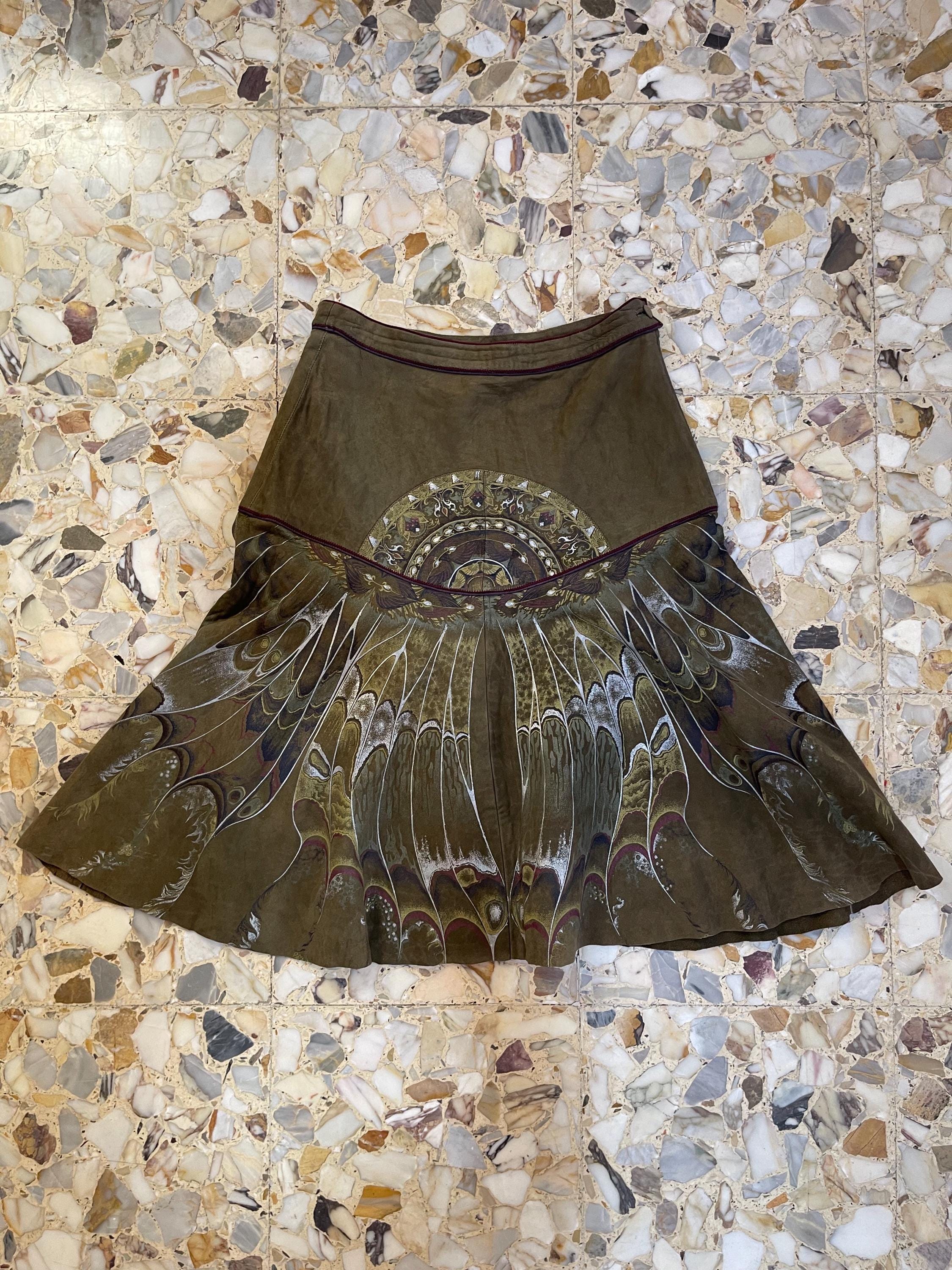 70s Roberto Cavalli Hand-painted Suede Skirt Brown Leather Dragon