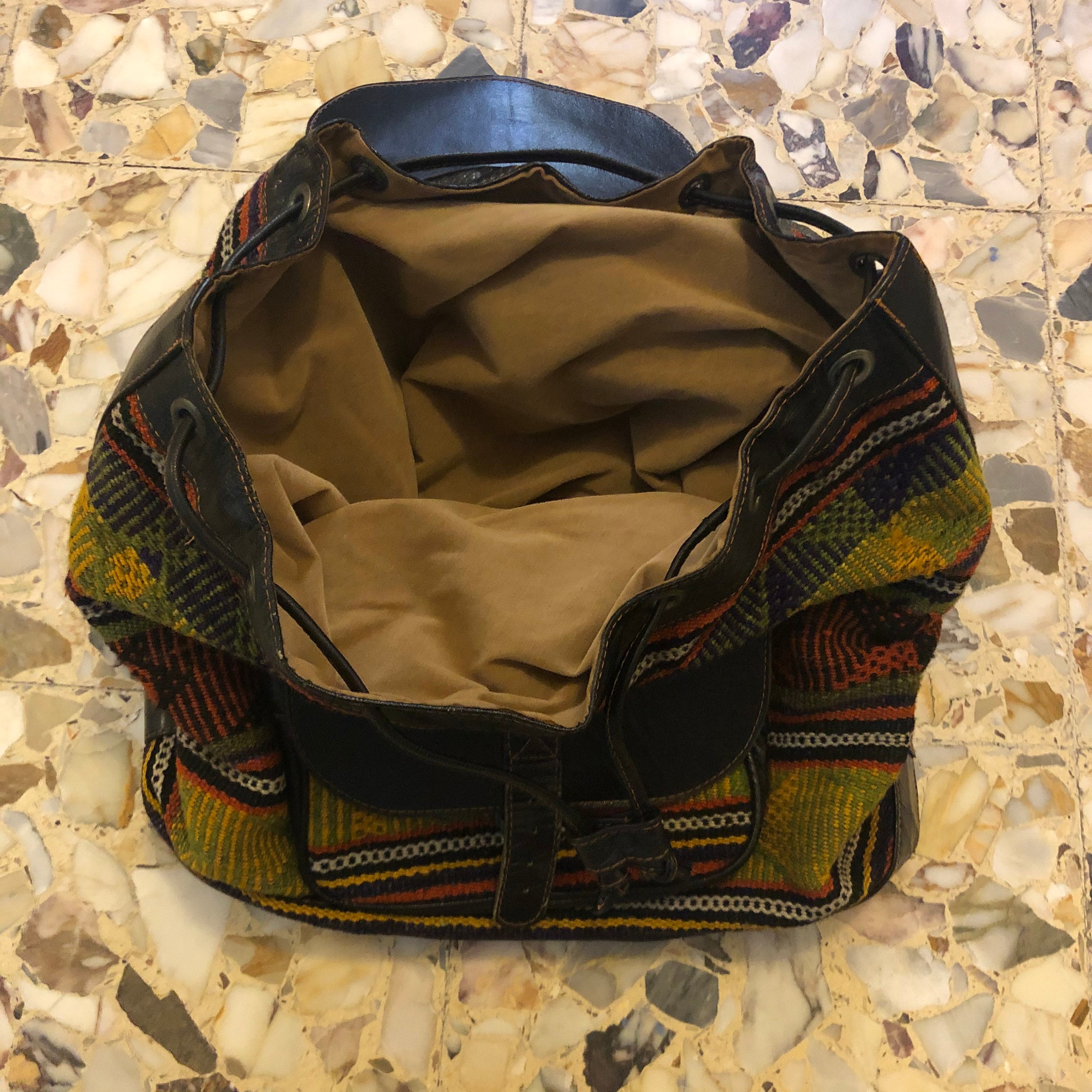 Vintage 70s Floral Tapestry Leather Backpack Hippie Festival Hiking 70s French Leather Embossed Tooled Flower BAG Backpack Brown  main image 3