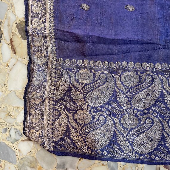 70s Indian Silk Periwinkle Blue Scarf With Silver… - image 7