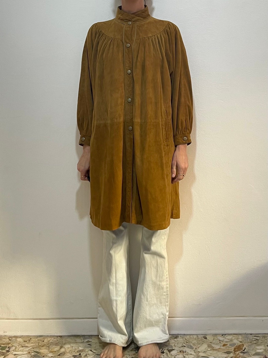 80s Yves Saint Laurent Brown Suede Raglan Sleeve Swing Coat