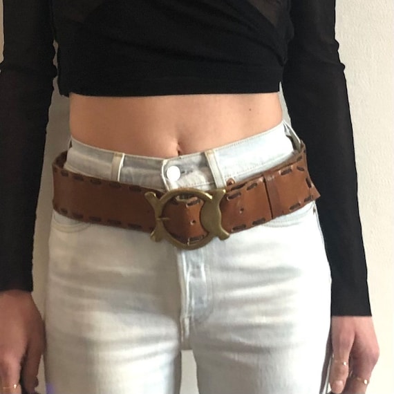 70s Boho Leather Western Hippy Belt With Gold Metal Buckle