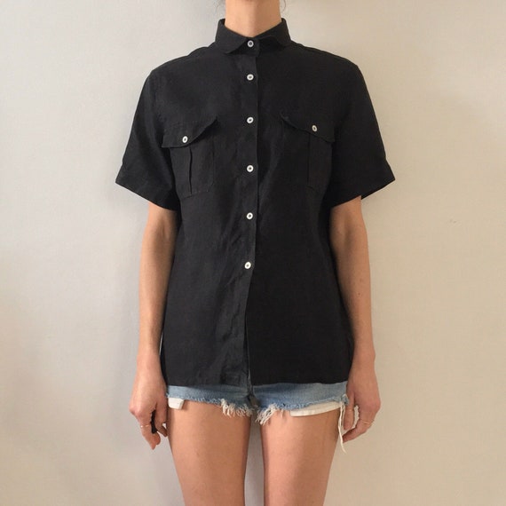80's Burberry Black Linen Minimalist Button Up Saf