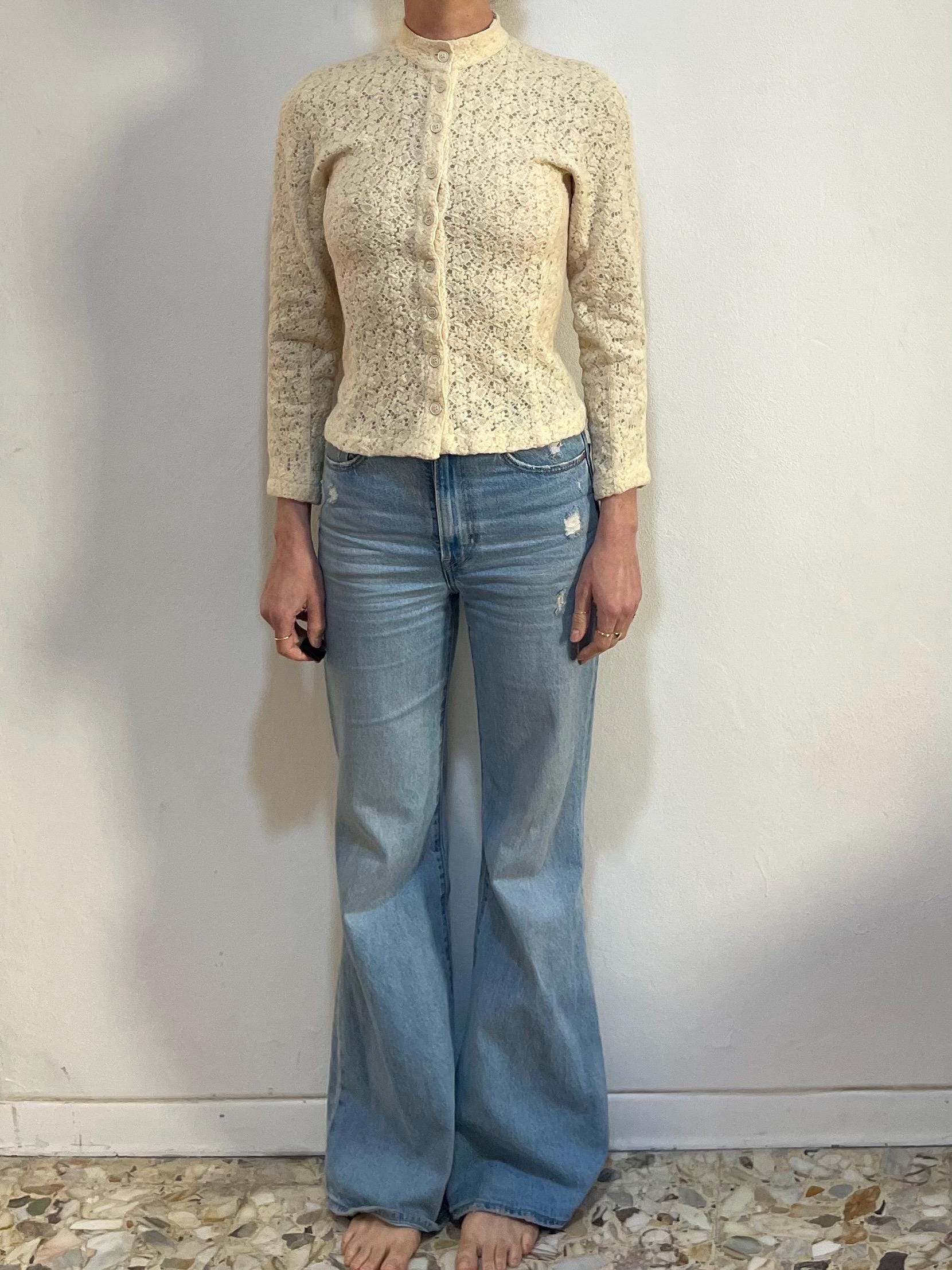 80s Kenzo Cream Wool Lace Floral Fitted Blouse Sheer Delicate Top