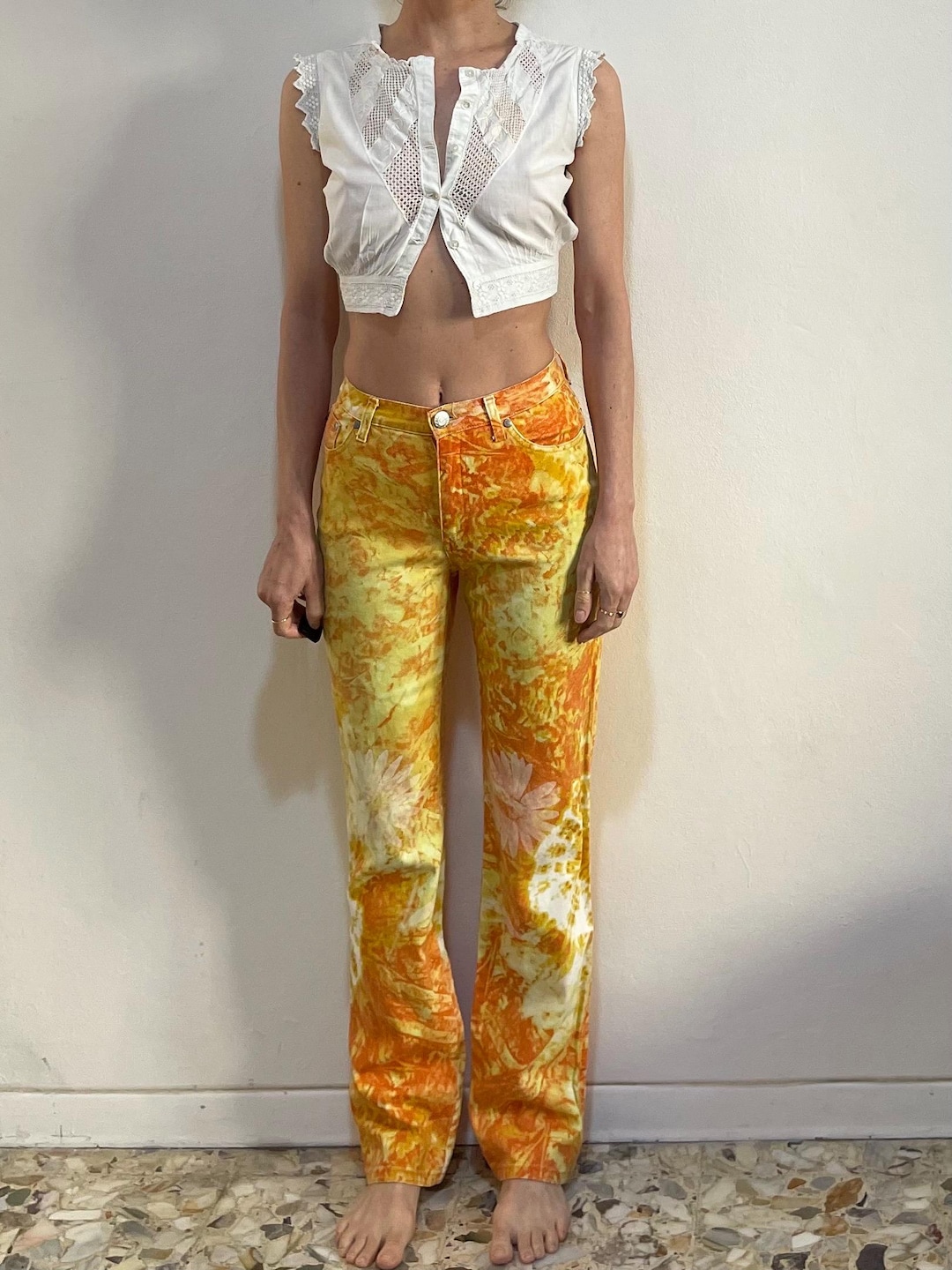 90s Roberto Cavalli Straight Leg Euro Trash Tie Dye Floral Trippy