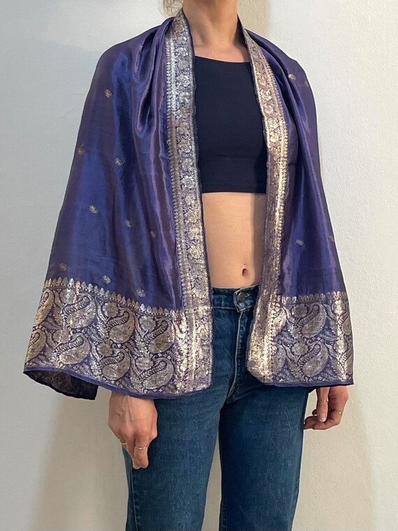 70s Indian Silk Periwinkle Blue Scarf With Silver… - image 2