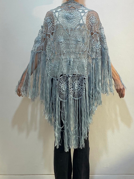 70s Hand Knit Crochet Pale Blue Summer Fringe Sha… - image 1