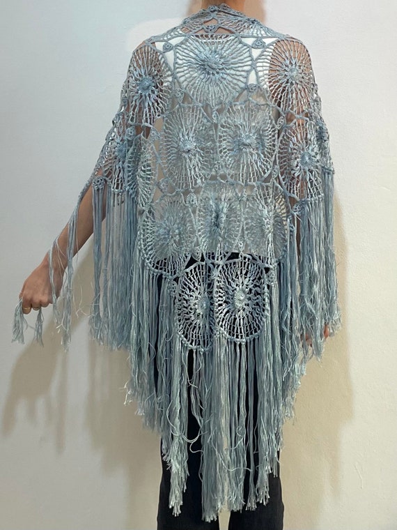 70s Hand Knit Crochet Pale Blue Summer Fringe Sha… - image 2