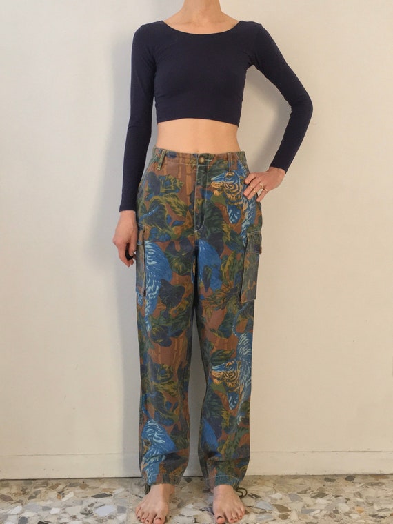 80s Kenzo Unisex Tiger Print Tropical Denim Cargo