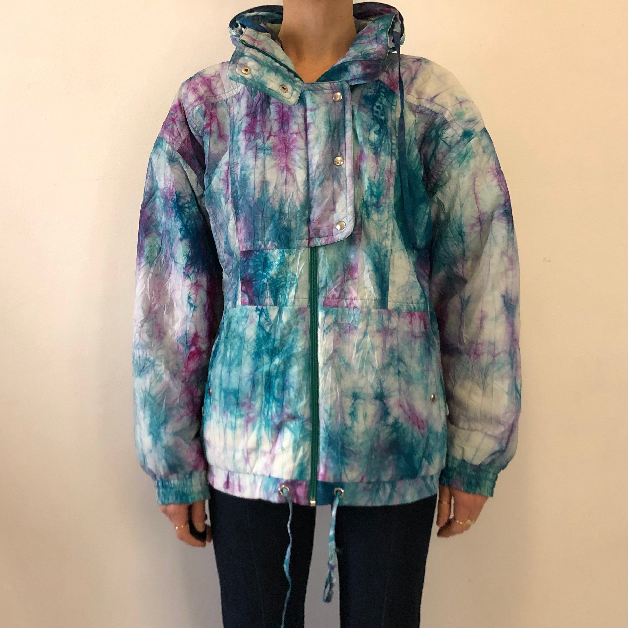 80s Tie Dye Ski Windbreaker Bomber Jacket Colmar Teal and Purple