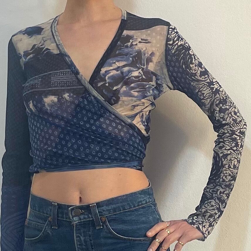 超人気の雑貨店 Gaultier Paul Jean 90s Blue Crop Wrap Mesh Sheer Work Patch メンズウェア