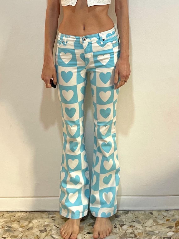 Y2K Moschino Hearts Low Waist Flare Leg Pop Cute Jeans Pants