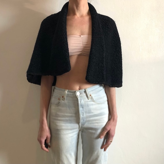 60s Wool Boucle Black Caplet Short Cape With No Closure Minimalist Chic